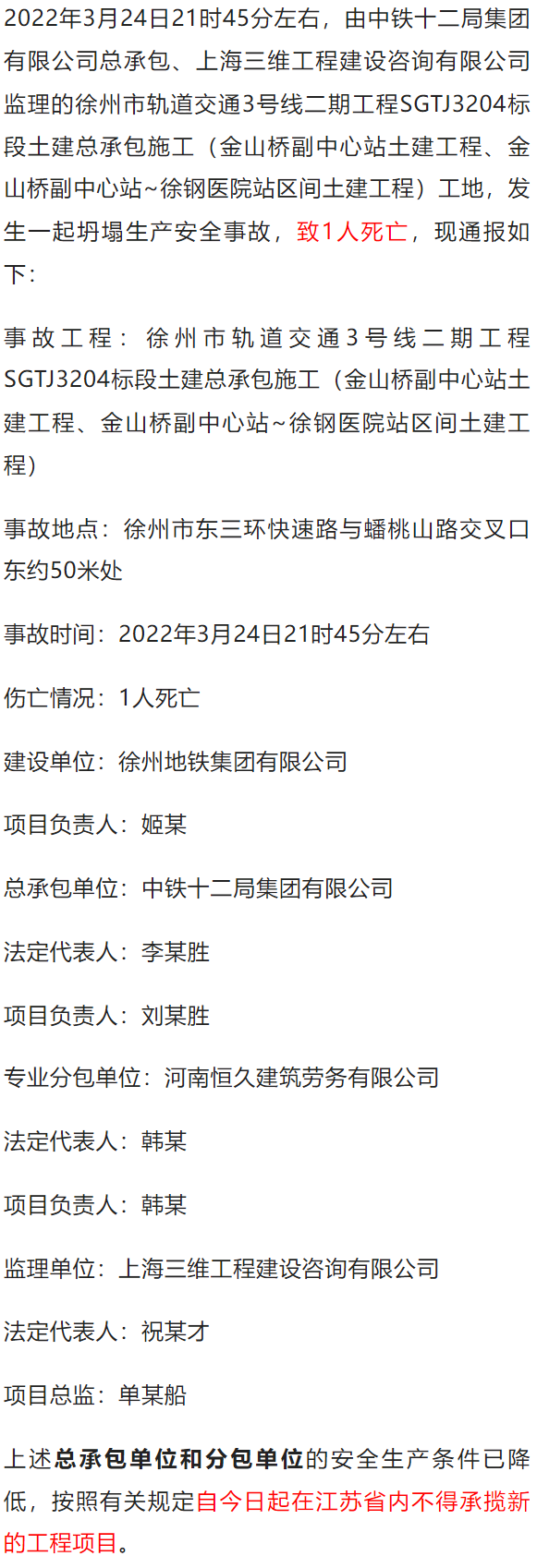 即日起，中铁十二局不得在江苏省承揽新工程