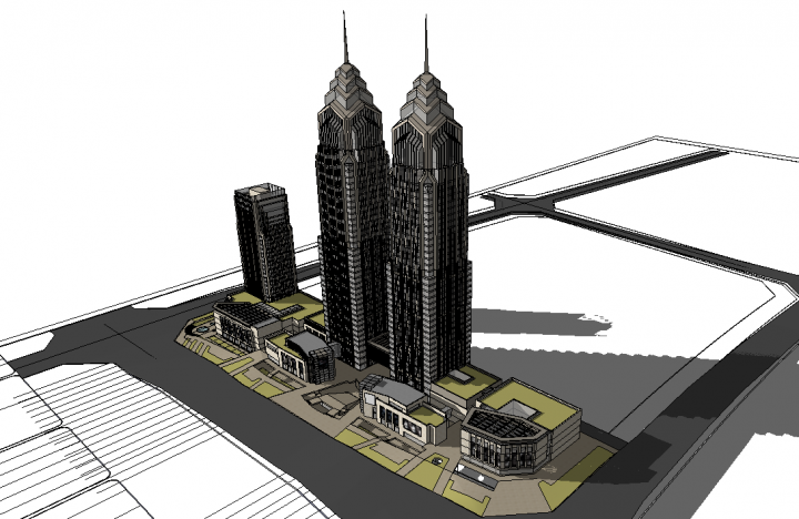 欧式风格仿新加坡双子塔的超高层商业综合体SketchUp模型